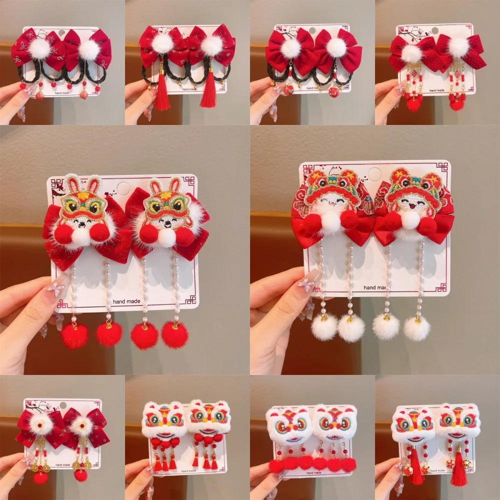 

1 Pair 2025 Children's New Year Hair Clips Cartoon Snake Plush Bow Chinese Style Hairpin Sweet Red Hair Accessories for Girls