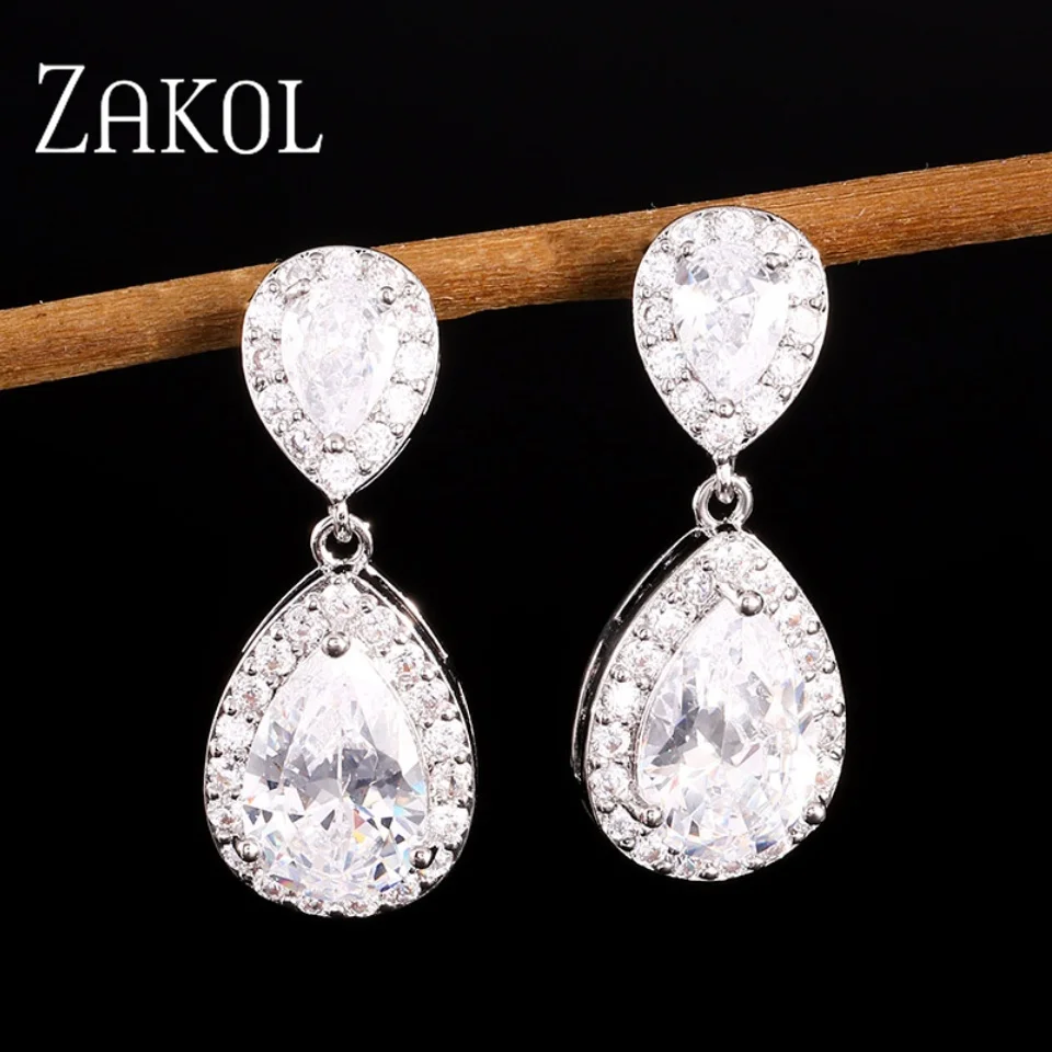 ZAKOL Trendy White And Gold Color Teadrop Crystal Dangle Earrings for Women Water Drop Shape Female Bride Wedding Wholesale