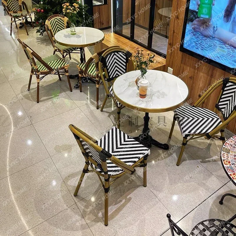 French outdoor dining table marble round  milk tea shop cafe American retro open-air creative garden dining table and chairs