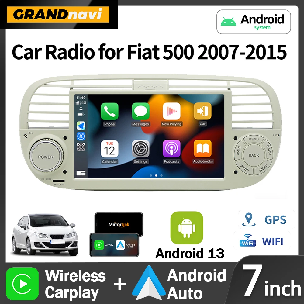 Radio para Auto Android 13 de 7'' Blanca para Fiat 500 2007-2015, Reproductor Multimedia, Carplay Inalámbrico, Android Auto, GPS, Navegación, Unidad Principal