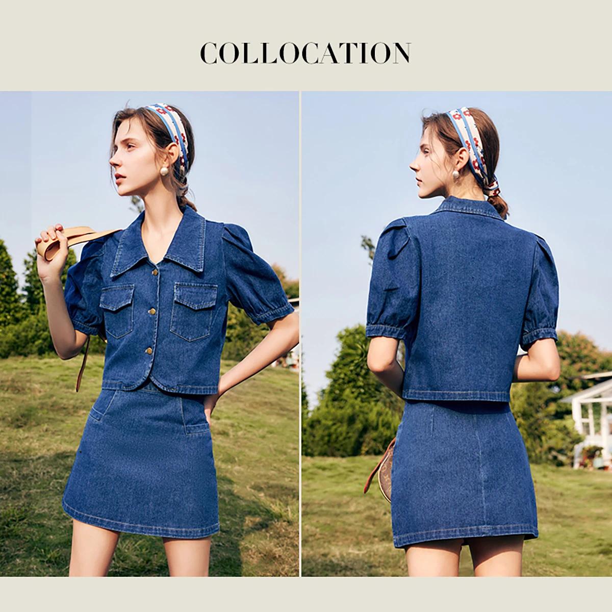 ชุดเซ็ตยีนส์ OLrain 2 ชิ้น ปี 2025 เสื้อครอปแขนพองสั้นสไตล์วินเทจสำหรับผู้หญิง กระโปรงทรงเอเอวสูงแบบมินิ รุ่น O22XE60969