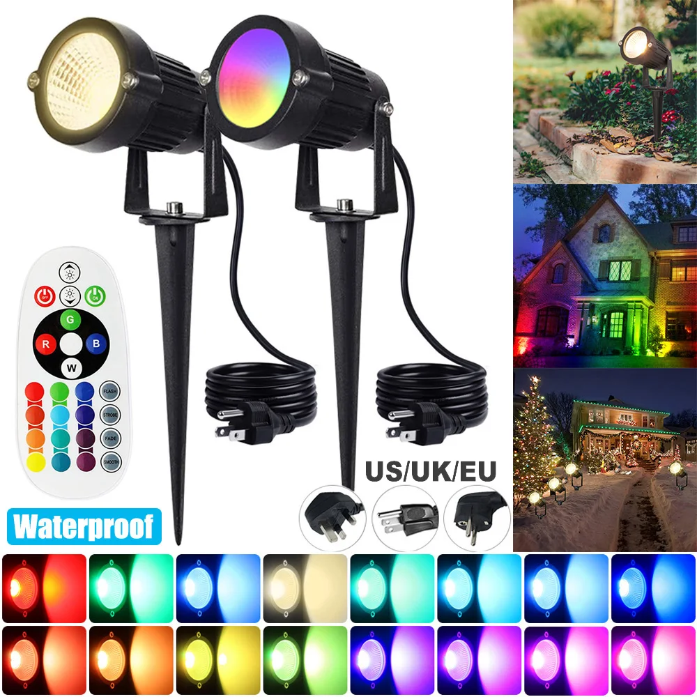 Remote Control Outdoor LED Garden Lawn Lights Landscape Lighting Spike Flood Lamp Waterproof RGB+Warm White Pathway Spot Lights