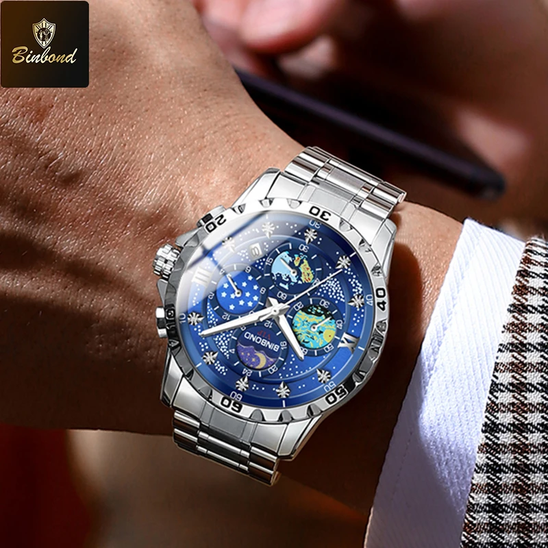 BINBOND Звездное небо Ван Гог Изысканные мужские часы Кварцевые водонепроницаемые светящиеся маленькие трехконтактные модные деловые мужские часы