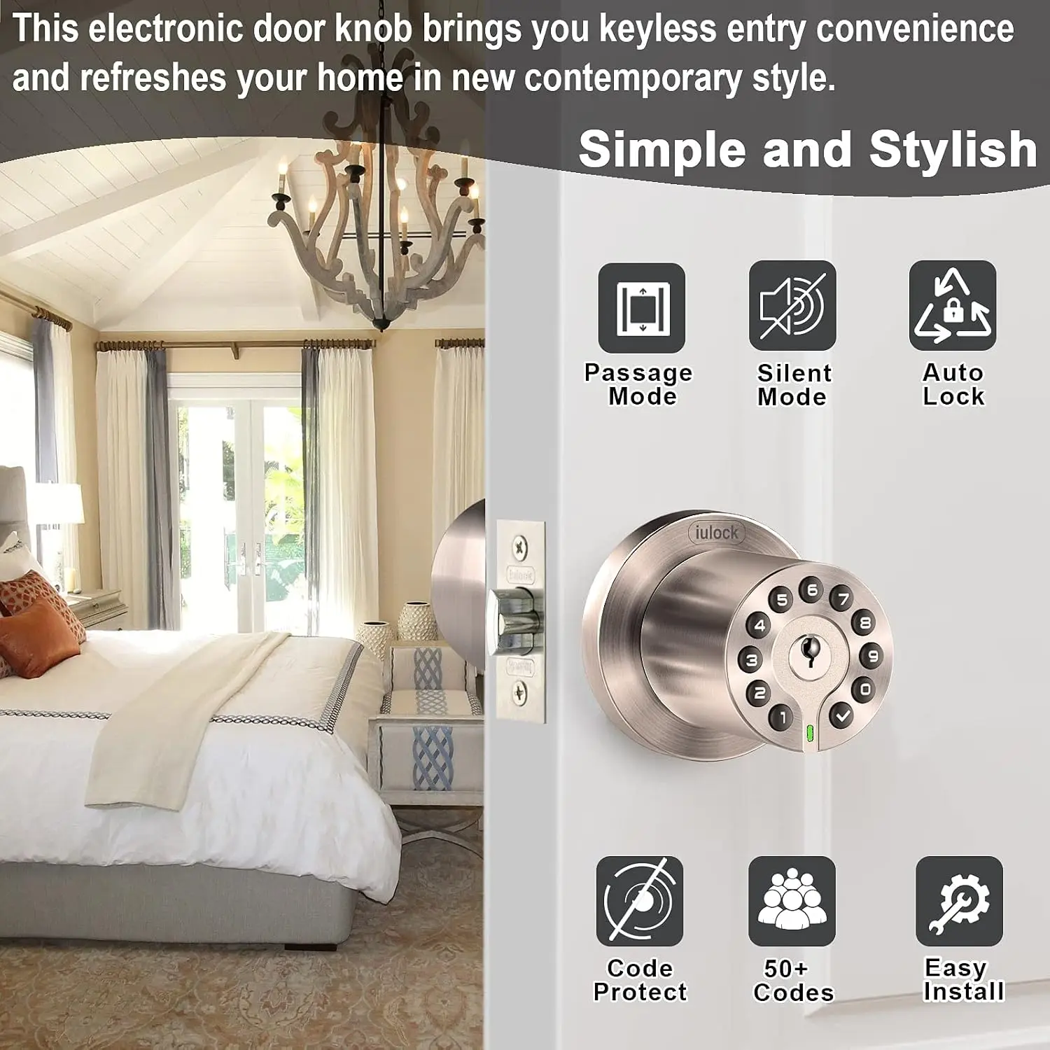 IU-20 Code Door Lock, Electronic Door Knob with Keypad and Same Key, Auto Lock, Waterproof, Passage Function, Long Battery