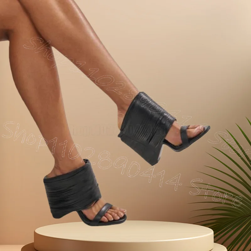 

Black Hollow Tassels Design Open Toe Slippers Slip On Women Shoes Chunky High Heels Sexy Party Banquet 2026 Zapatos Para Mujere