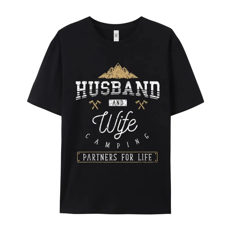 Slogan Short Sleeve Tops & Tees Christmas O-Neck Pure Cotton Mens T-shirts Husband And Wife Camping Partners Slogan Tees Funny