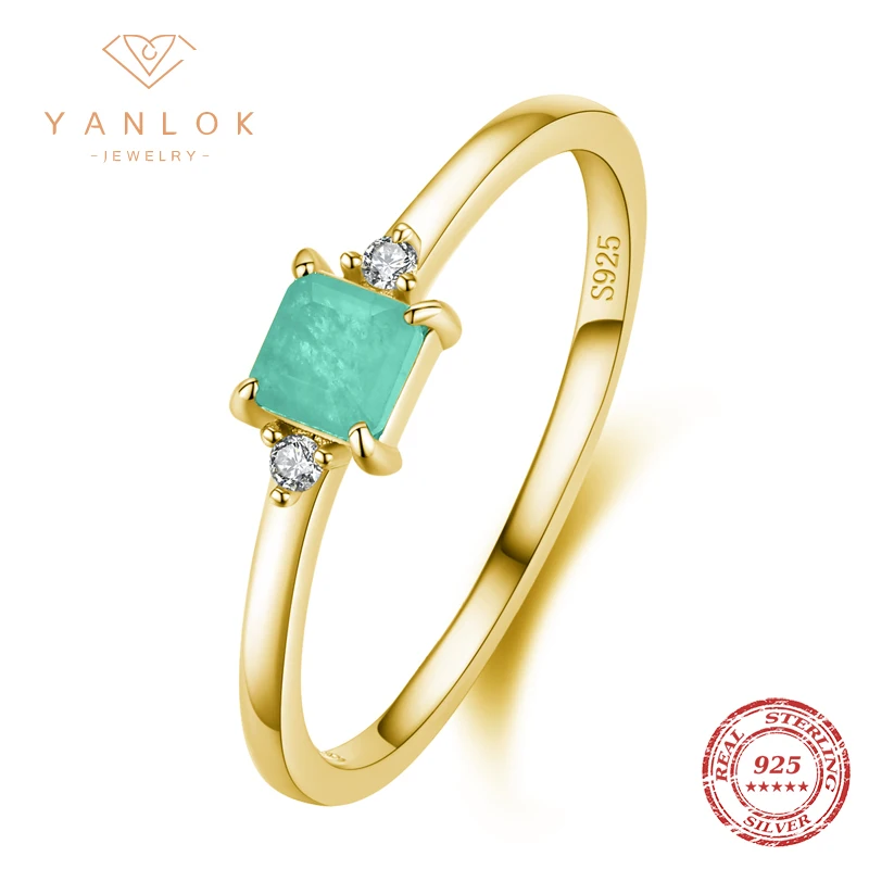 YANLOK Luxury Classic 925 Sterling Silver 4 Prong Paraiba Tourmaline Square Ring for Women Fashion Wedding Engagement Jewelry