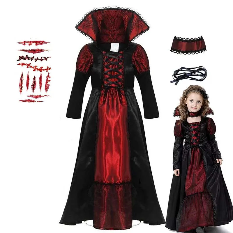 Kids Girls Cosplay Halloween Black Ghost Bride Prince Vampire Stand-Up Collar Costumes Kids Boys With Cape Party Witch Clothes