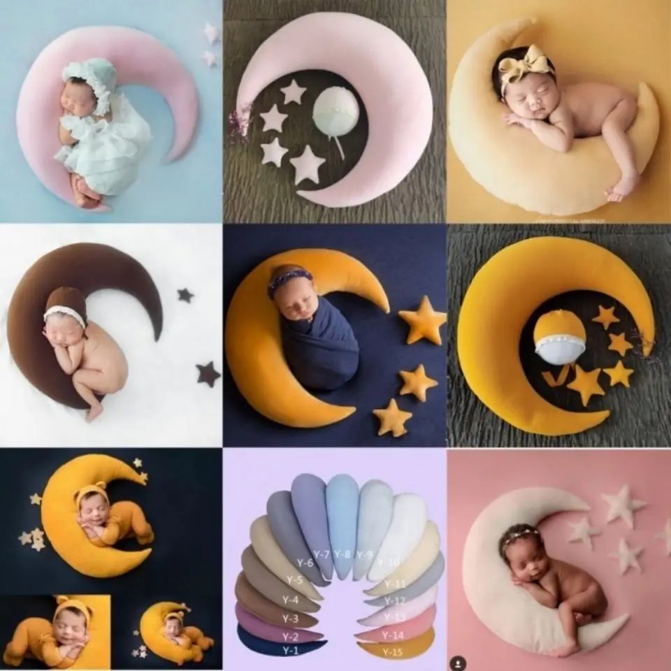 Baby Posing Pillow Newborn Photography Props Cute Baby Hat Colorful Beans Moon Stars Photo Shooting Set For Infant Newborn Gifts