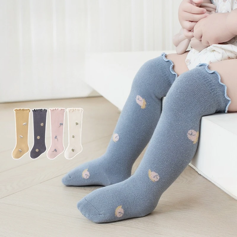 

Весенне-осенне-зимние корейские полосатые гольфы с цветочным принтом, теплые термобелье, детские носки для девочек, детские носки для новорожденных