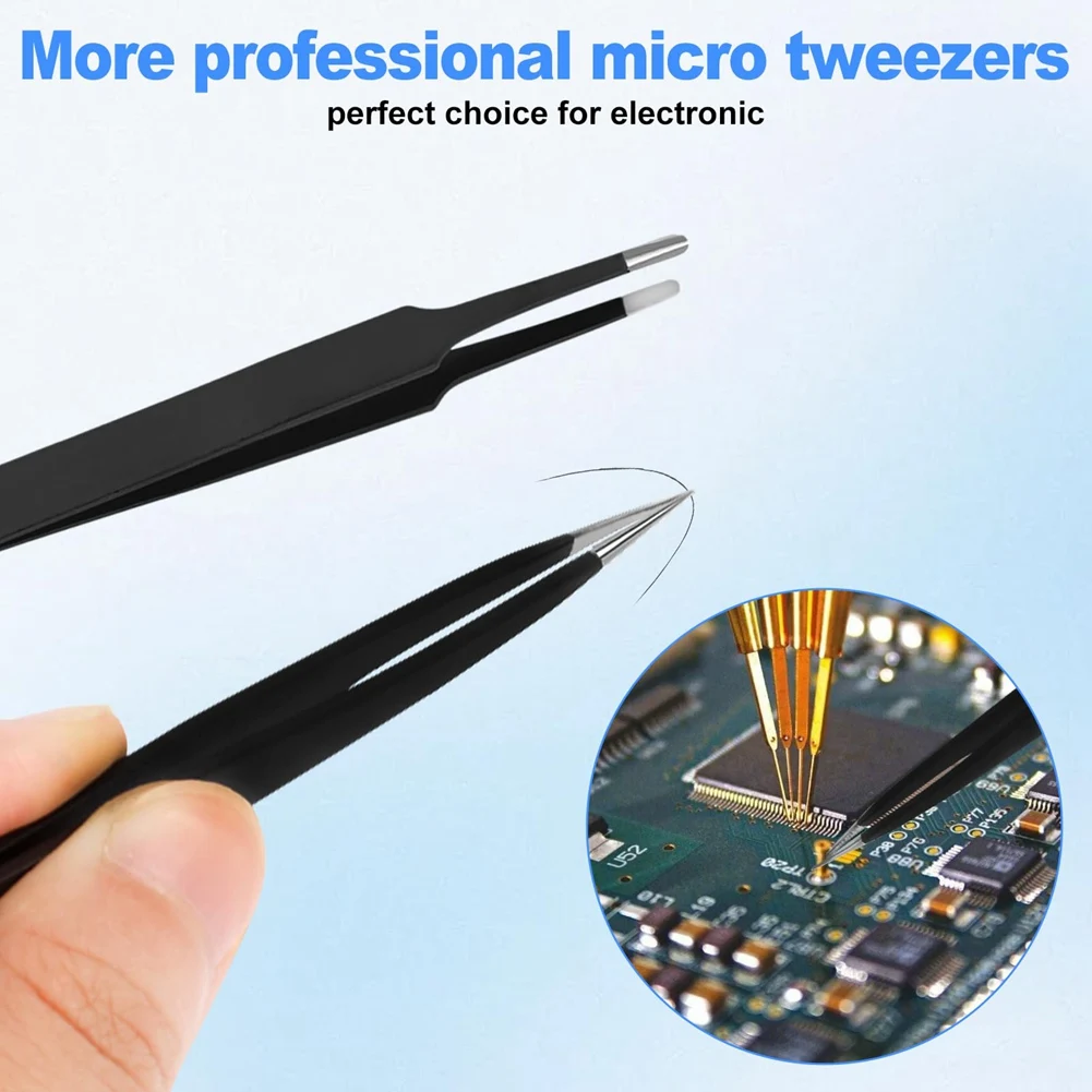 A74E-Precision Tweezers Set,Upgraded Anti-Static Stainless Steel Tweezers, For Electronics Repair, Model Building