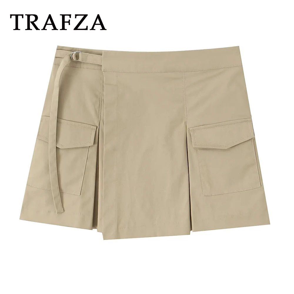 

TRAFZA Sexy Chic Elegant Khaki Mujer Pantskirt Fashion 2025 Summer Streetwear A-Line Club Sheath Y2K Pleated Women Pleated Skirt