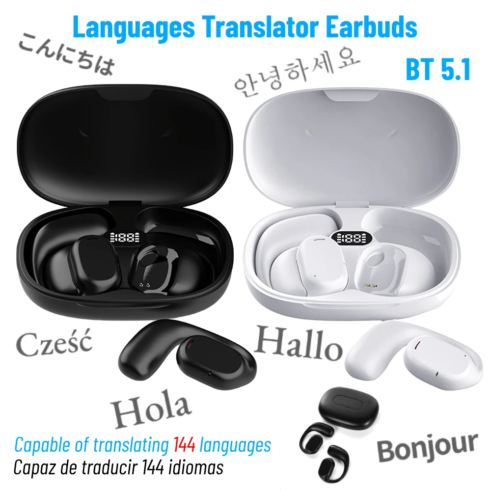 Real Time Translator Earbuds Bluetooth 5.1 144 Languages Two-Way Translator Earphone 99% Accuracy HiFi Stereo Sound Translator