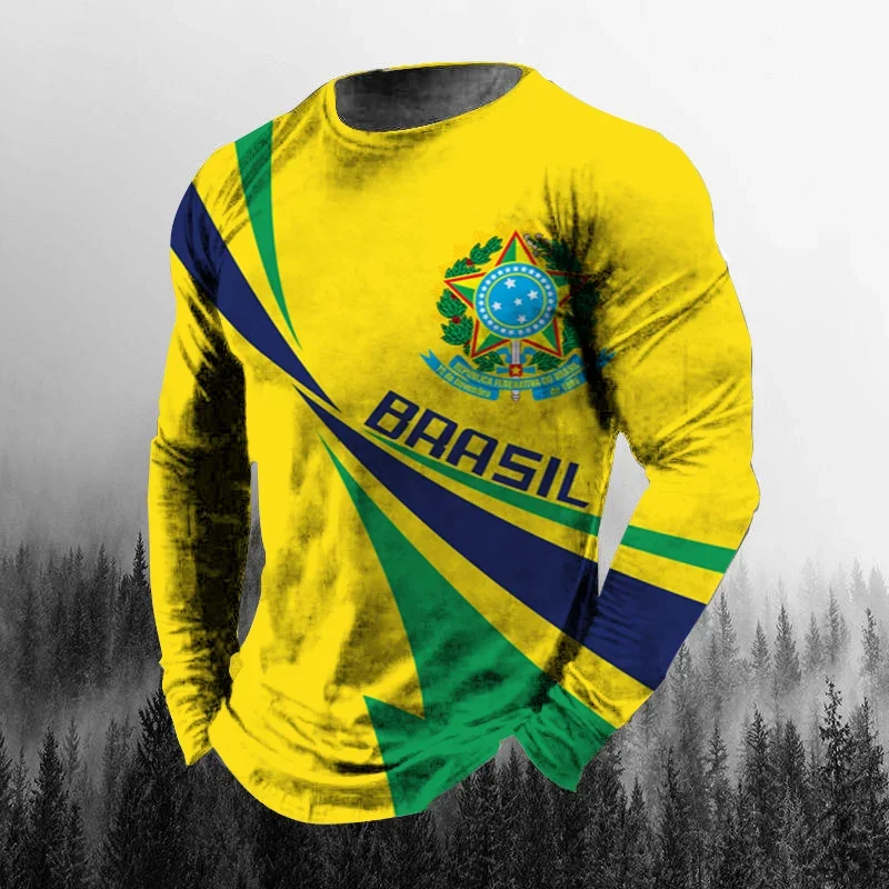 Vintage Brasilien-Flagge 3D-Druck Herbst Herren O-Ausschnitt T-Shirt Lässiges Langarm-Oversize-T-Shirt Modischer Pullover Herrenbekleidung – Detail 4