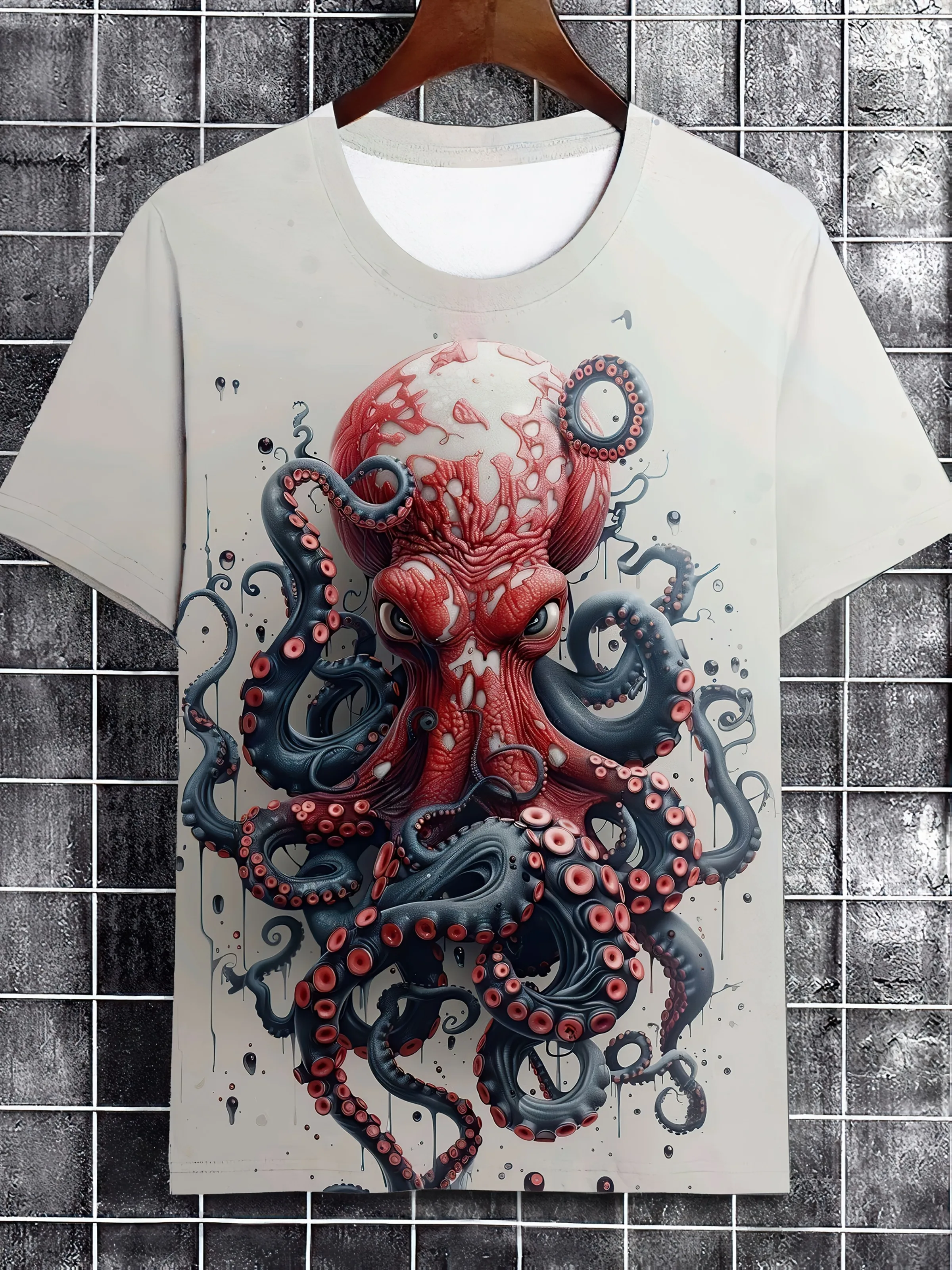 

Cool Men's Octopus Print Round Neck T-Shirt - Summer Loose Fit Short Sleeve Tee for Street Hip-Hop Casual Style