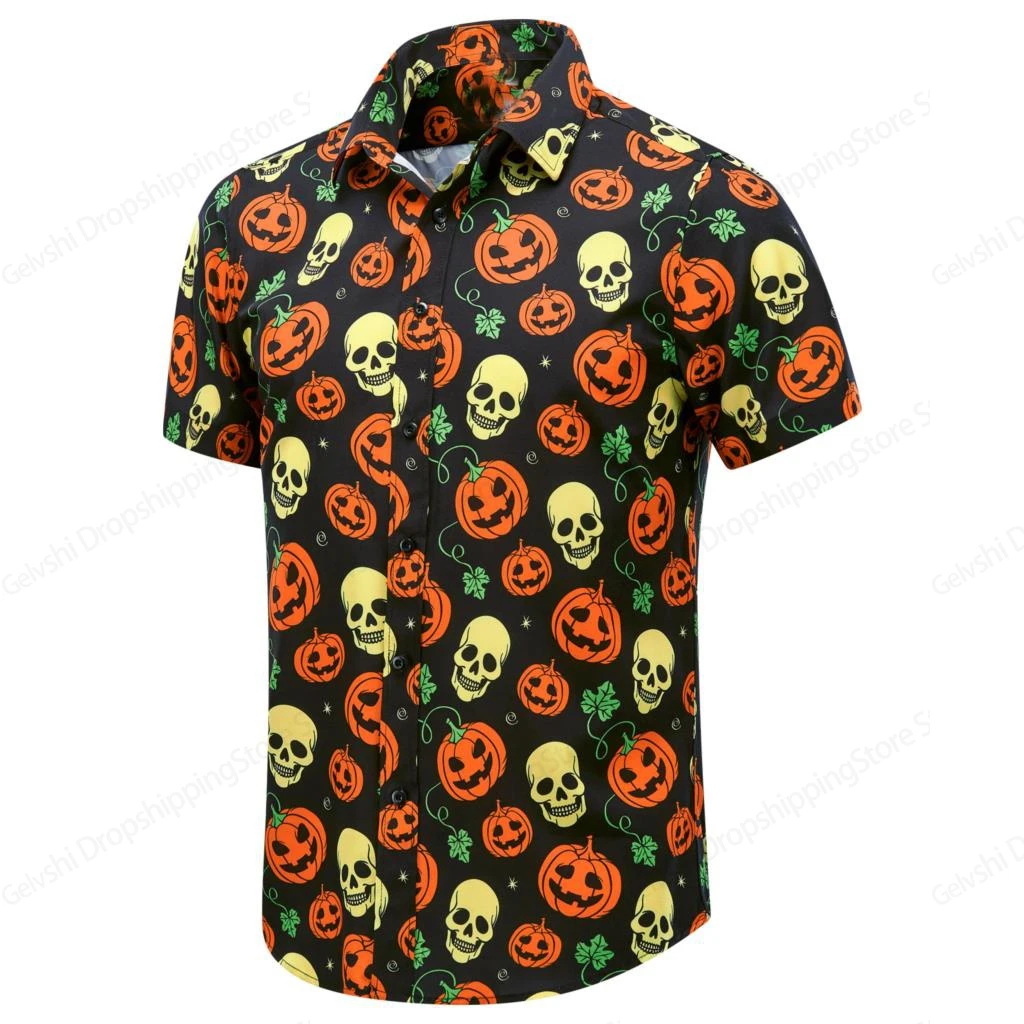 Halloween camisas havaianas, camisa de manga curta, botão para cima, abóbora, engraçado, horror, para a praia, truque ou deleite