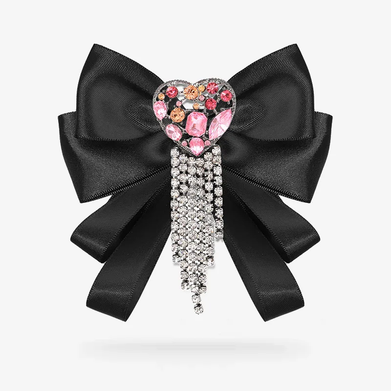 

Satin Bow Brooch with Heart Rhinestone Tassel Elegant Pink Crystal Bow Tie Pin for Women Luxury Party Accessory for Dress