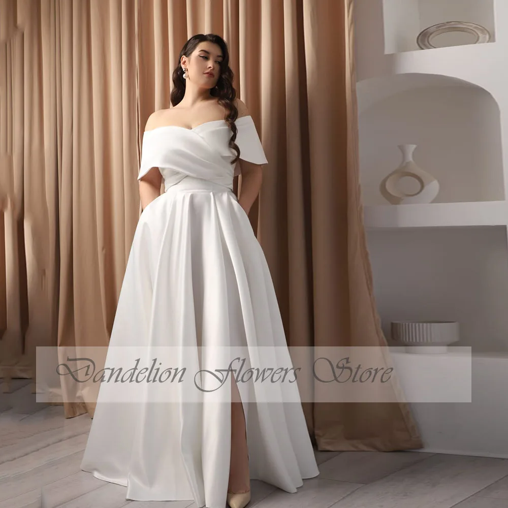 Elegant Off The Shoulder Wedding Dresses Plus Size V-Neck Bride Gowns Lace Up Side Split Floor Length Satin Vestido De Noiva