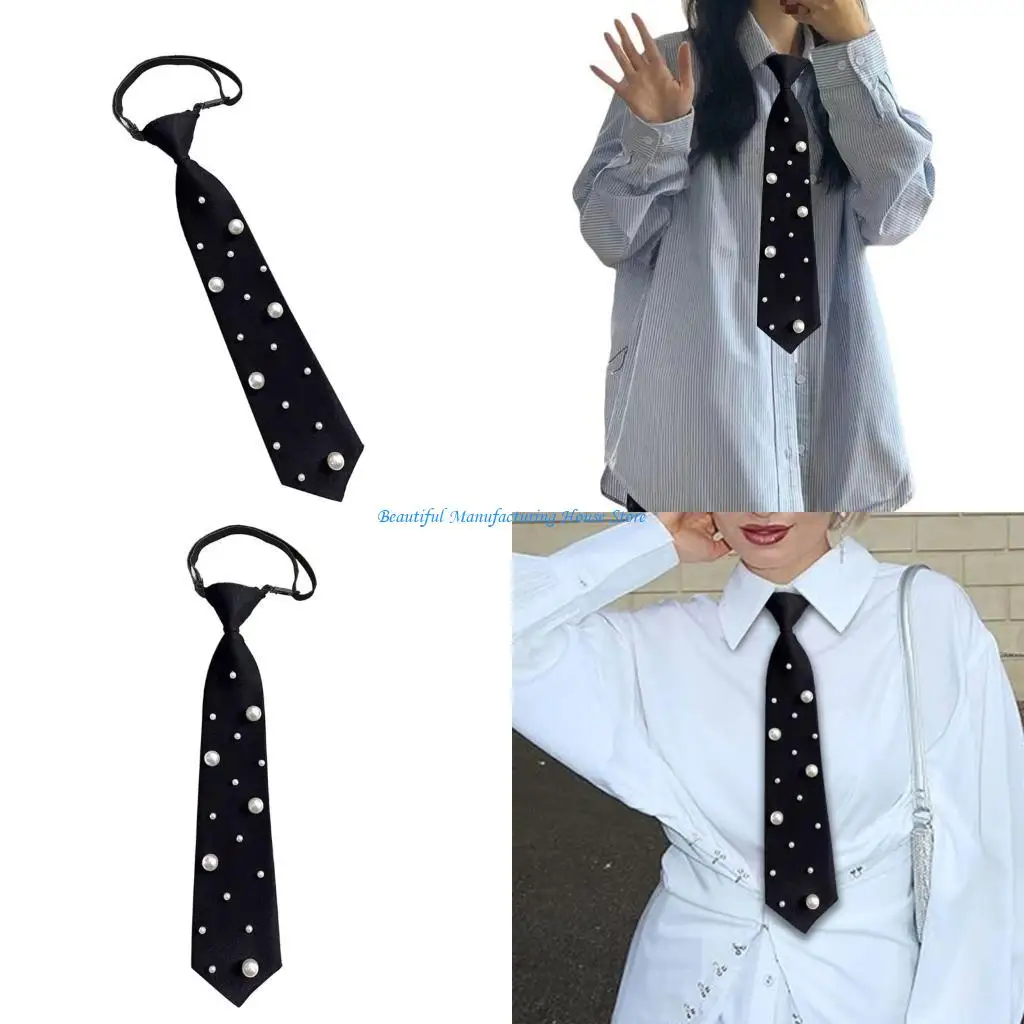 E56A Pre Tied Necktie Black With Pearls Embellishment Lightweight Design Shirt Tie