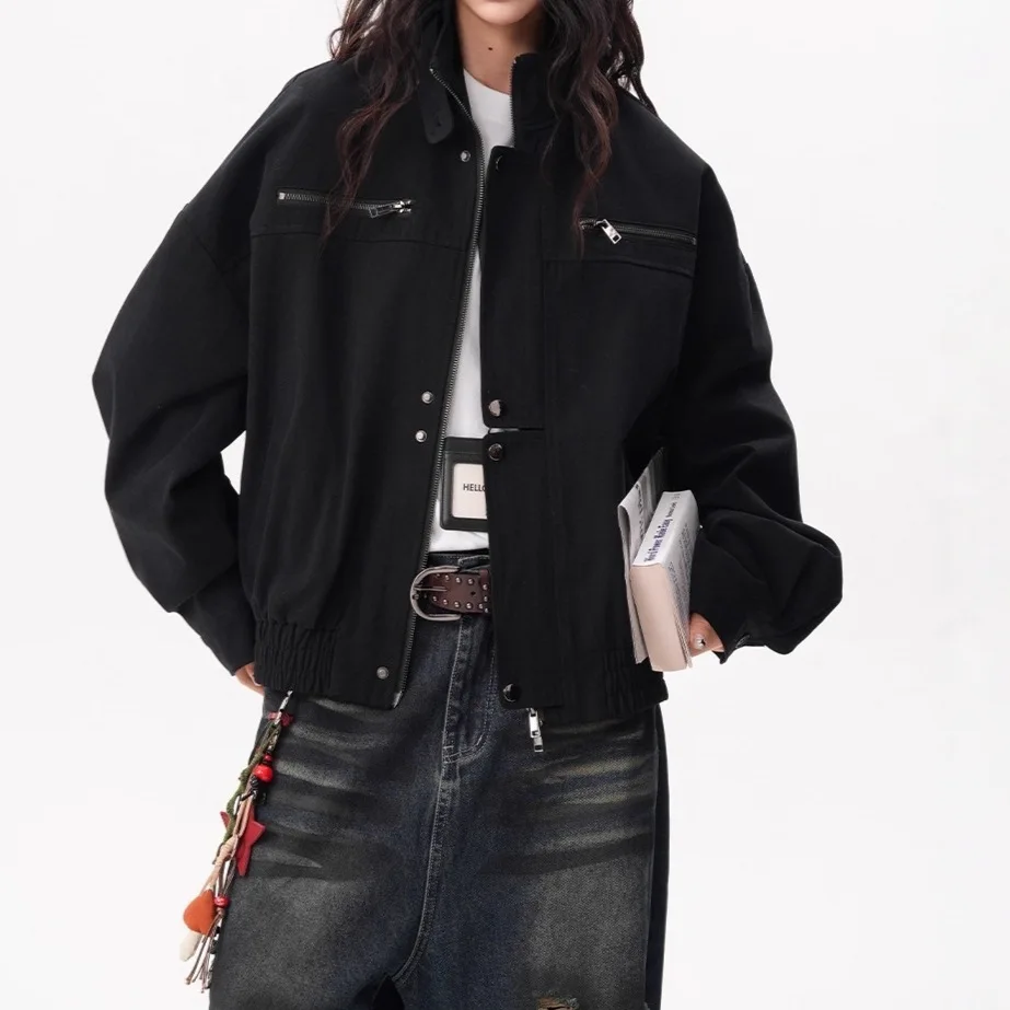 YYAHAHAS Fashion Stand Collar Tooling Denim Jackets Women's 2026 New Trendy Loose Comfort Versatile Coats Motorcycle Jackets