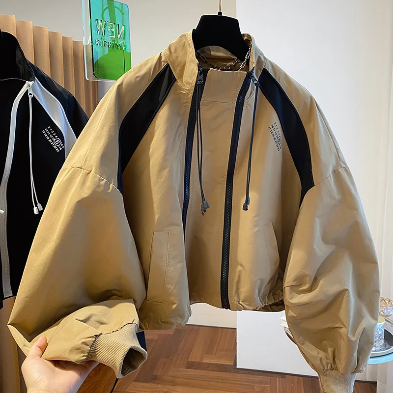 Women Double Zipper Stand Collar Jacket Patchwork Short Windbreaker Loose Casual Streetwear Female Spring Autumn Windproof Coat