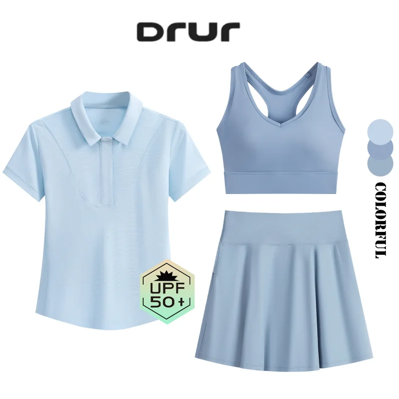 DRUR 2/3 Pieces Pleated Tennis Skirt Set With Polo V-Neck UPF 50+ Sports Top And A-Line Golf Skirts Suit Women Casual Sportswear