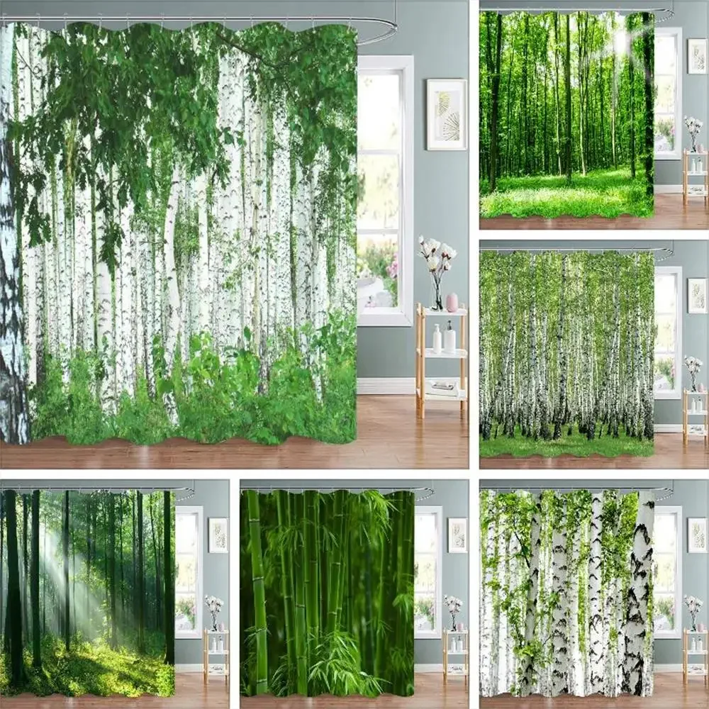 Woodland Shower Curtain Birch Trees in the Forest Natural Outdoor Scenery Polyester Fabric Bath Curtains Bathroom Decoration