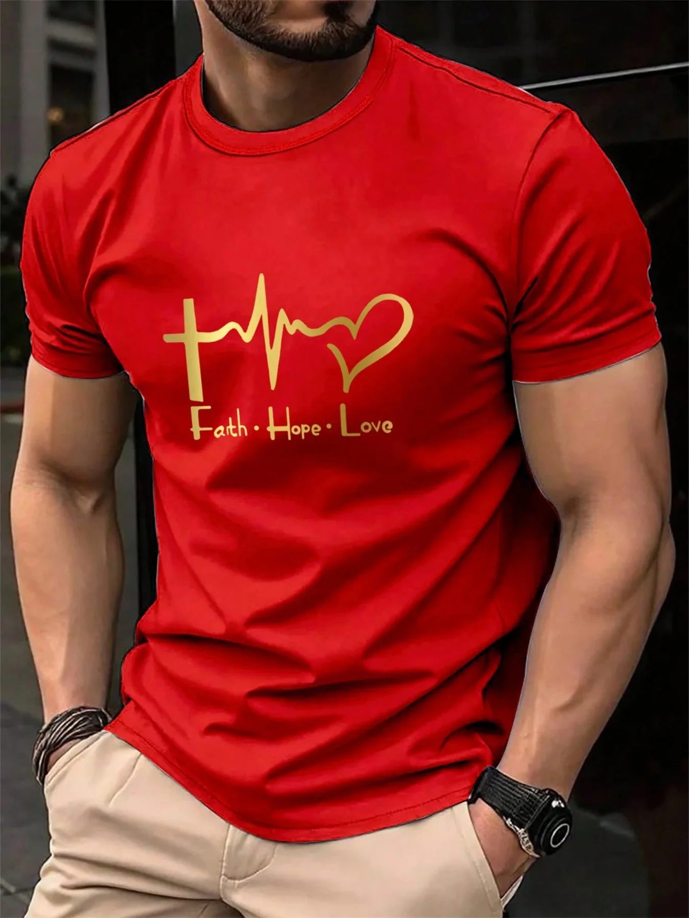 Men's Summer 100% Cotton Fashionable Casual Loose Large Size FAITH HOPE LOVE Printed Sports Round Neck Short Sleeve T-shirt Top image 3