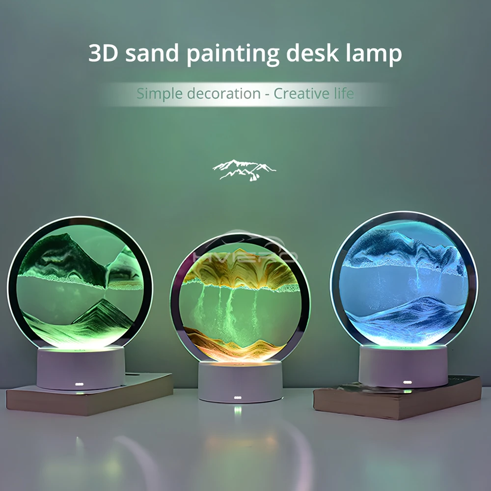 LED Quicksand Painting Table Lamp 3D Moving Art Picture Round Glass Hourglass Night Light Bedside Home Decoration Accessories