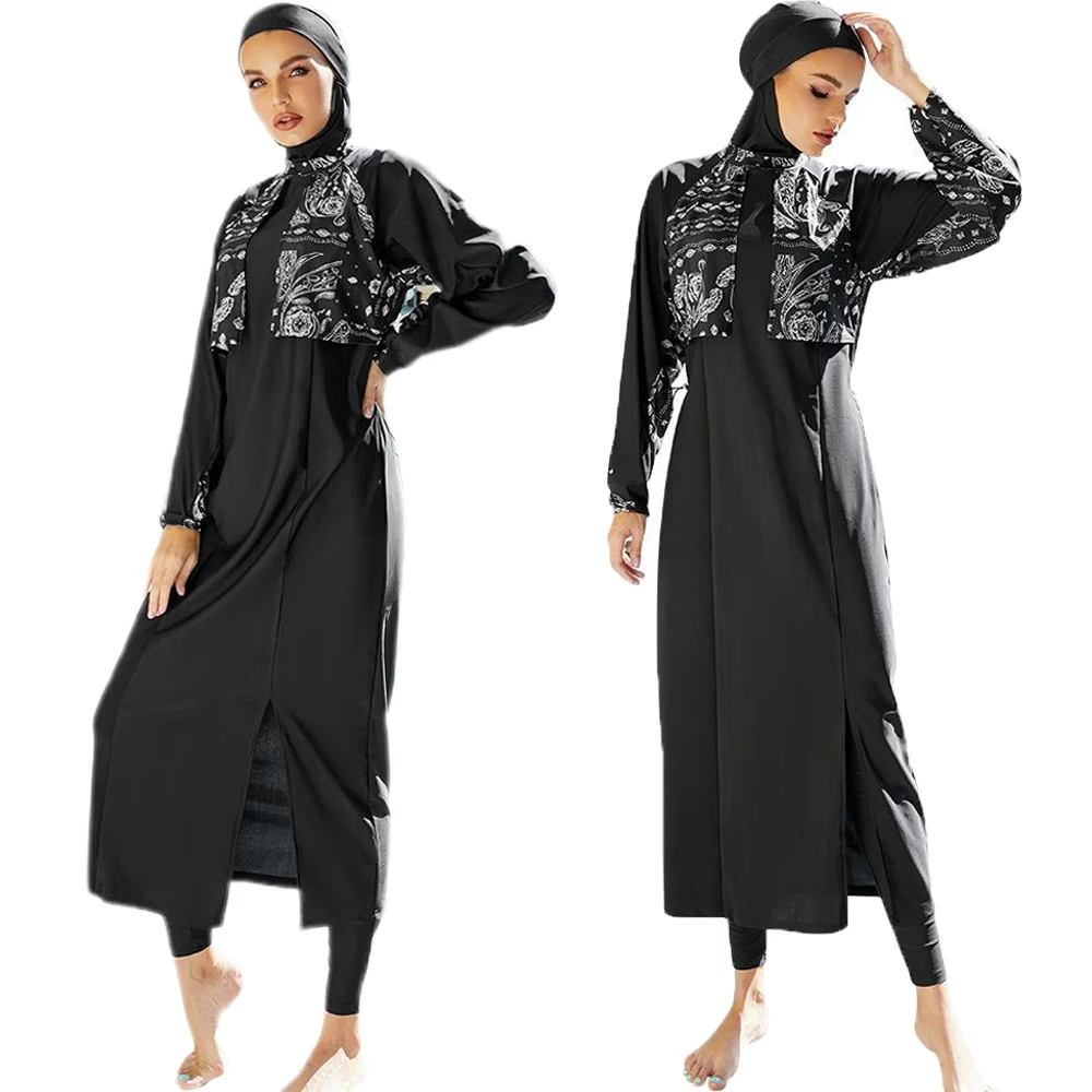 

New Islamic Muslim Women Swimsuits Modest Swimwear Full Cover Long Tops Pants Caps 3 Pieces Burkinis Suits Printed Swimming Wear