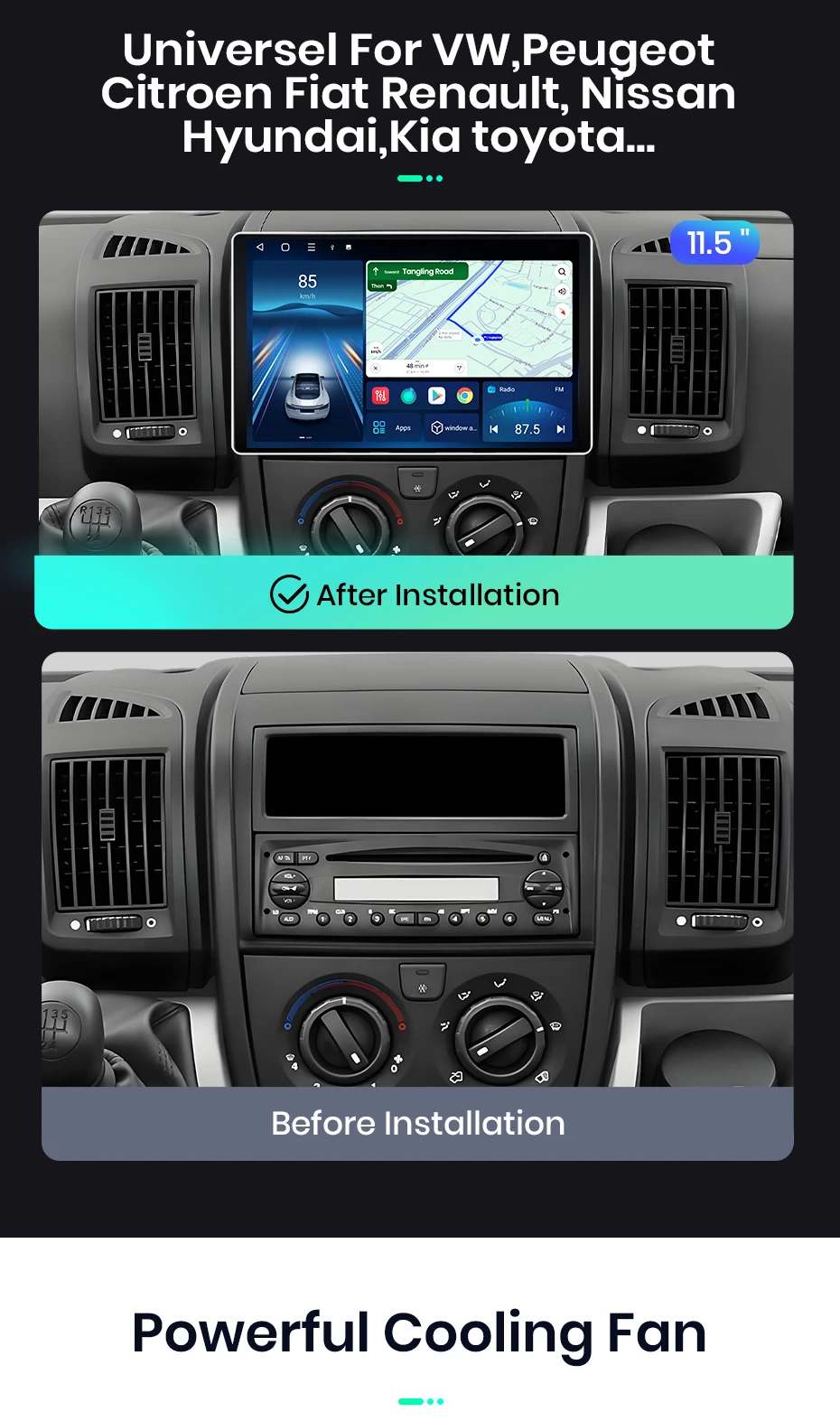 Junsun 11,5 Zoll QLED Touchscreen Universal-Autoradio, kabellos, für Apple CarPlay, Android Auto, Stereo-Multimedia-Videoplayer, intelligente Fahrzeugsysteme, 2-DIN-Autoradio, Head Unit, GPS-Navigation, BT, 4G, WLAN, 8-Kern-Prozessor, FM, AM, DSP, RDS, SWC, DAB – Detail 6