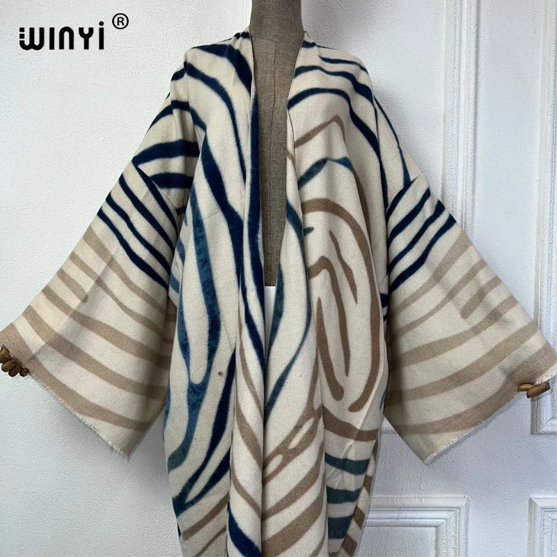 WINYI 2024 winter cardigan Africa women Geometric line print maxi jacket Warm kimono long down coat Middle East fashion abaya