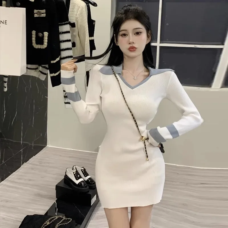 Autumn Winter Fashion Temperament Elastic Slim Knitted Pullover Dresses Women Clothing Vintage Chic Striped Mini Dress