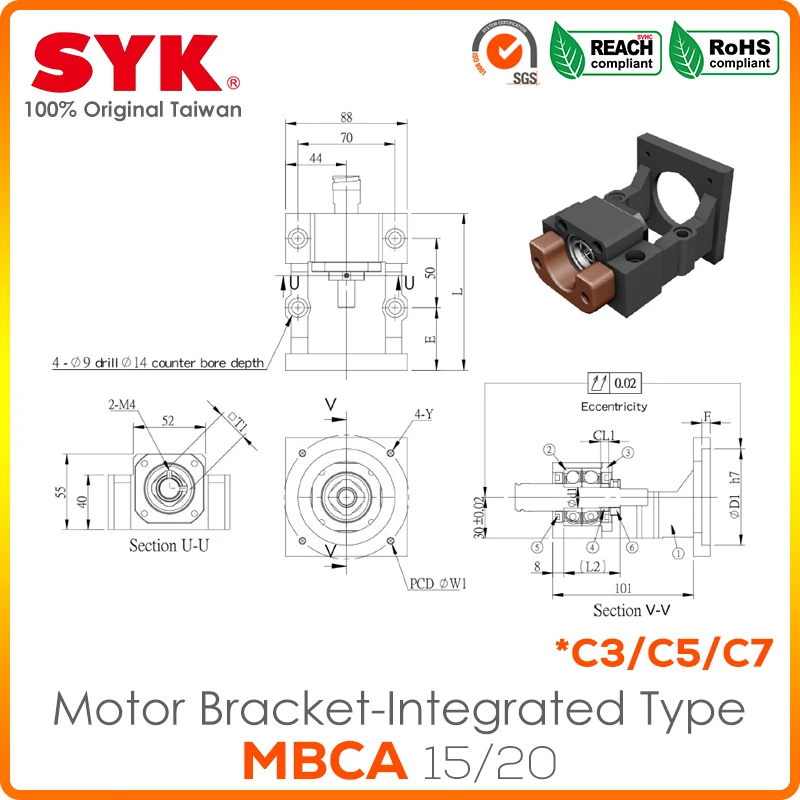 SYK Taiwan Motor Bracket MBCA15 MBCA20 High Precision C3 C5 C7 Heavy Load Japan NSK Bearings AK AF Ball Screw Servo Motor CNC