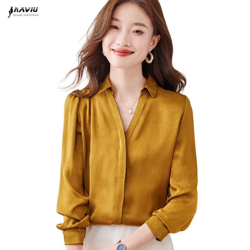 NAVIU Fashion Women Yellow Shirt Women New Temperament V Neck Satin Long Sleeve Formal Blouses Office Ladies Work Tops Apricot