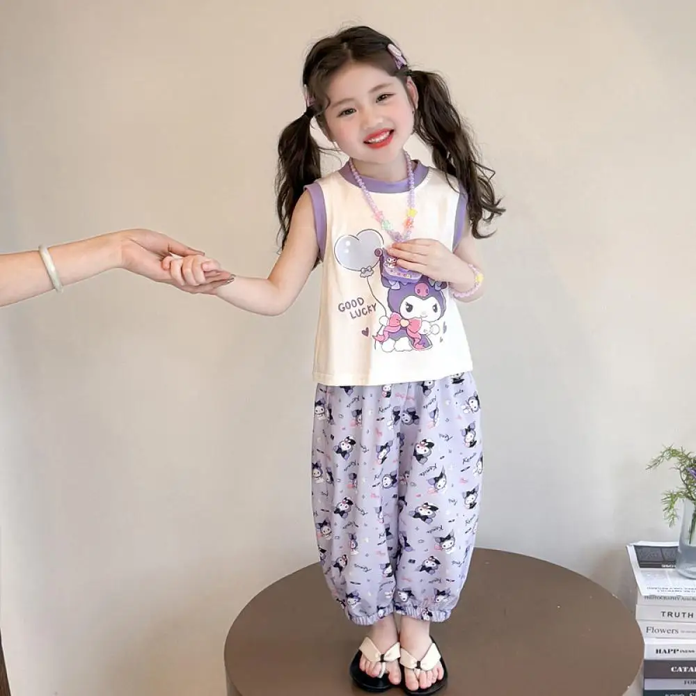 

Комплект жилета и брюк Sanrio Kuromi для девочек, летний мультяшный комплект. Брюки с короткими рукавами Full Seal, детская футболка, топы, детская одежда