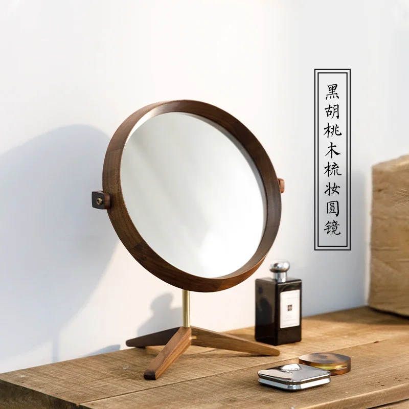 Black walnut makeup mirror desktop bedroom simple retro dressing mirror high definition large solid wood wood mirror