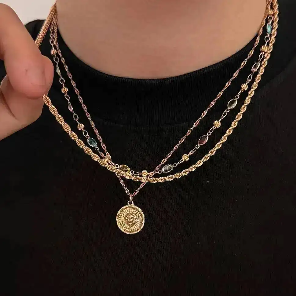 Salircon 3Pcs/Set Classic Gold Color Coin Pendant Necklace Men Fashion Crystal Chain Choker Daily Party Jewelry Accessories