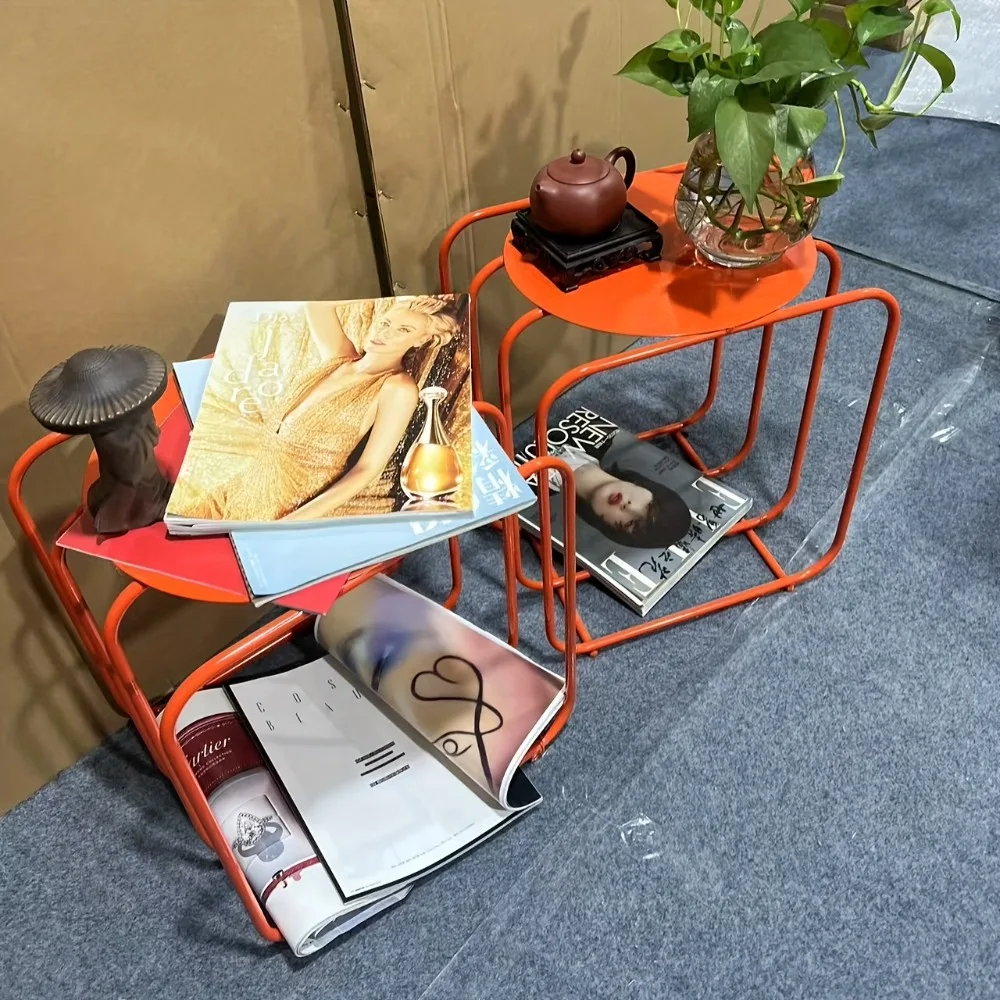 طاولة قهوة معدنية برتقالية عتيقة مكونة من رفين لا تتطلب التجميع وإطار قوي لديكور غرفة المعيشة وغرفة النوم