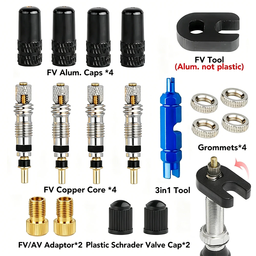 Bicycle Presta Tubeless Valve Core Kit Removable Aluminum Alloy Presta Valve Stem Caps Bike Tubeless Tire Valve Repair Tools