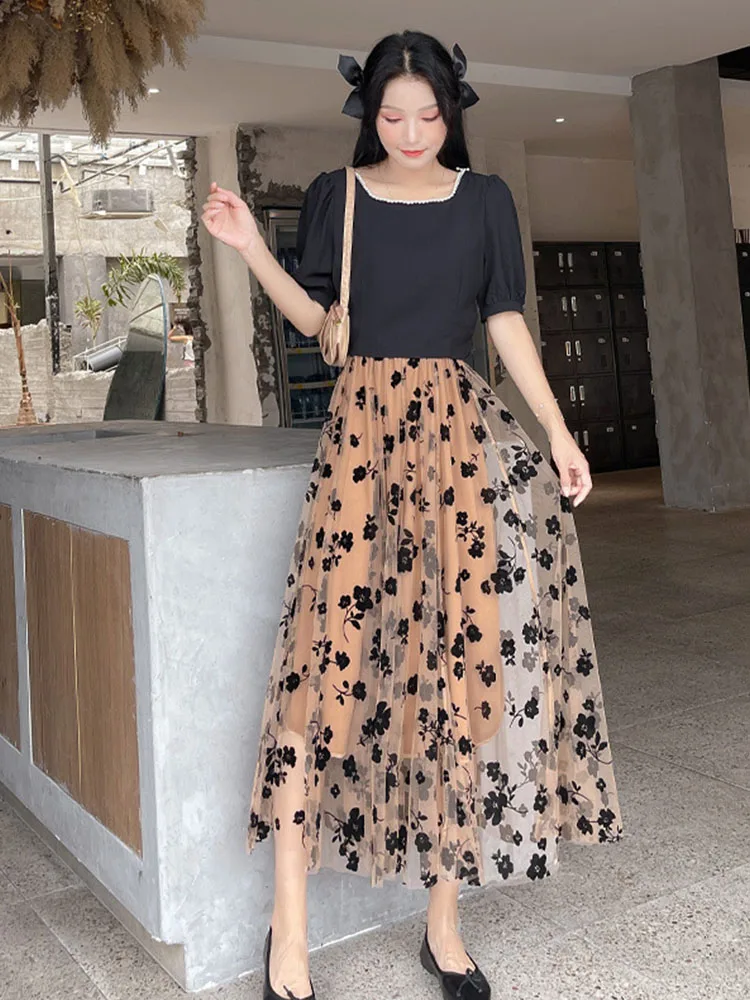 Women Floral Print Tulle Skirt High Waist Elastic Pleated Long Midi Skirt A-line Summer Vintage Casual Skirt