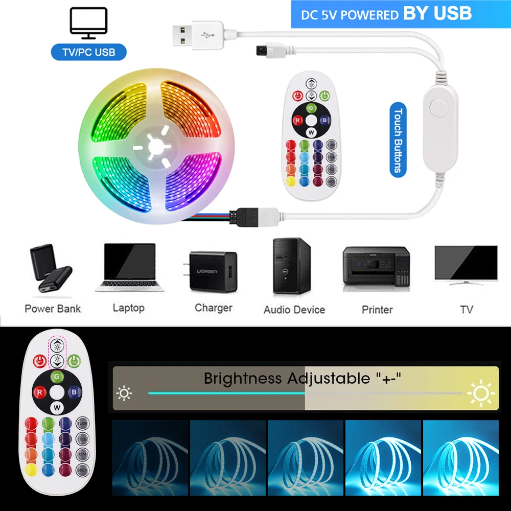 Tira de luces LED COB RGB para decoración de habitación, cinta Flexible de luz de fondo de TV, 5V, USB, WIFI, Bluetooth, Control por aplicación,