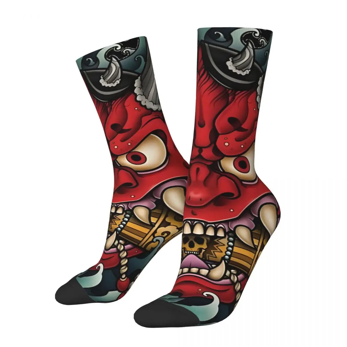 Vintage Oni Mask Japanese Culture Art Men\'s compression Socks Unisex Samurai Street Style Seamless Printed Novelty Crew Sock