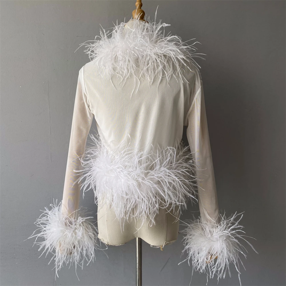 Jxwatcher Women's Sexy Mesh Feather Tops Spring Summer Ladies Vintage Celebrity Real Ostrich Feather Coat Fashion Party Wear New