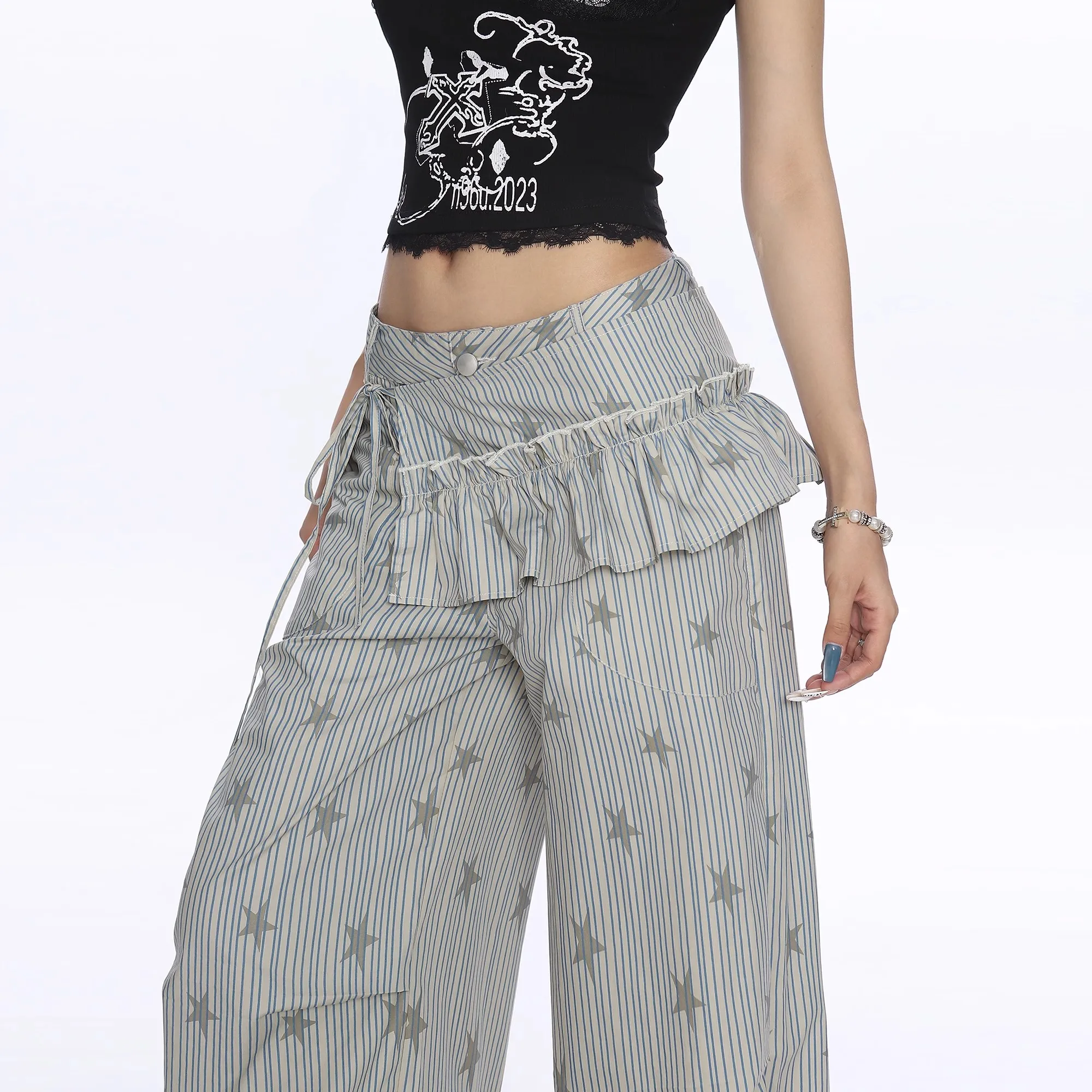 Women's Casual Striped Woven Star Print Wide Leg Pants Casual Stylish Full Length Trousers Y2K Clothes Streetwear