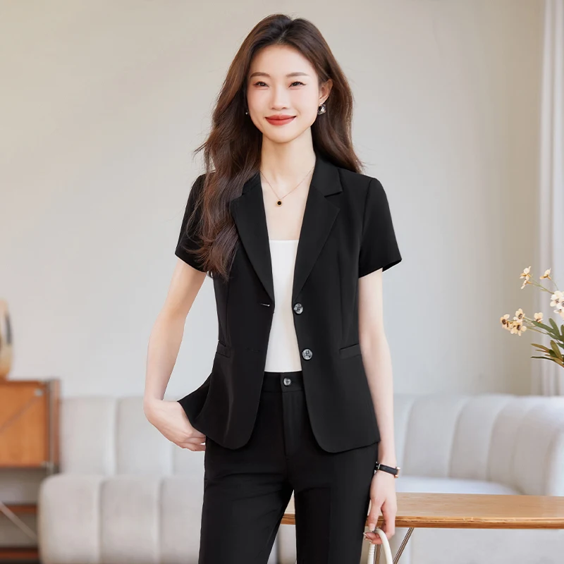 NAVIU Women Short Sleeve Suit Jacket Office Work Gray Blazer Blazer And Pants For Ladies Office Summer Slim Fit Formal Work Wear