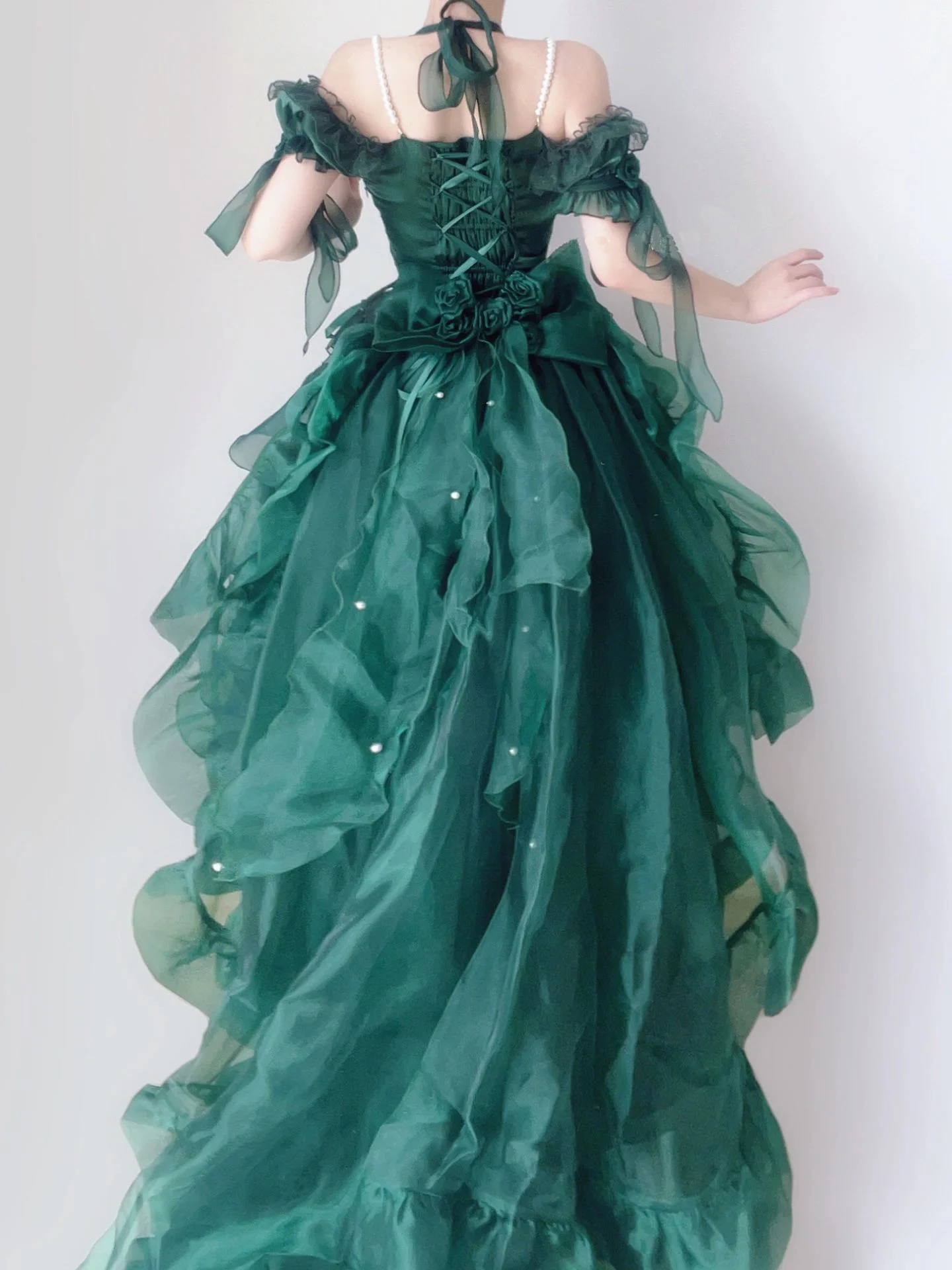 Robe de Mariée Lolita à Fleurs Vertes, Tenue de Princesse Bouffante, Cosplay