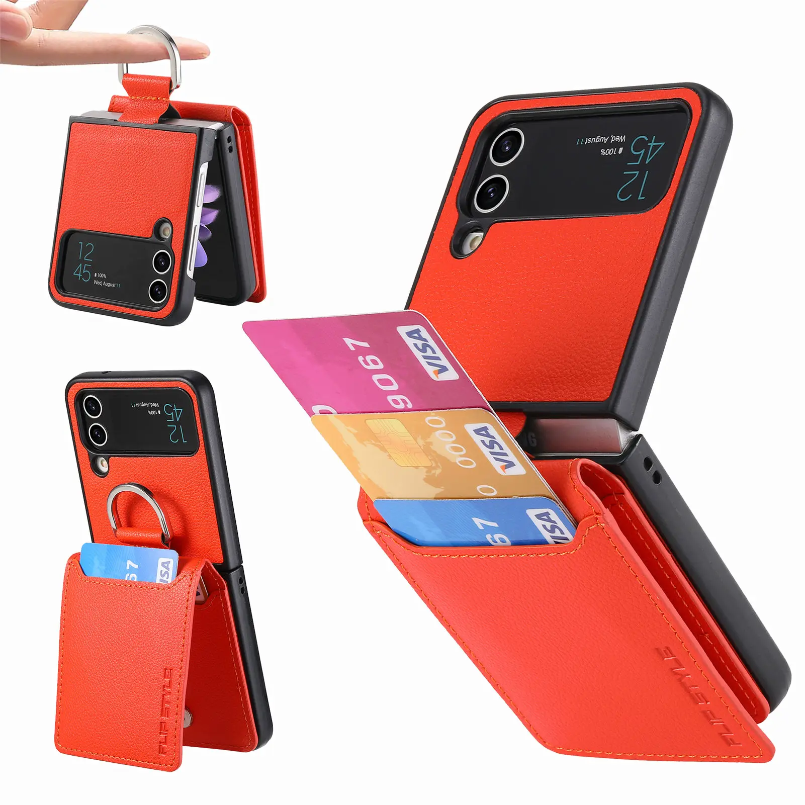 Vertical Cards Solt Magnetic Wallet Ring Holder Leather Case for Samsung Galaxy Z Flip 8 7 FE 6 5 4 Flip4 5G Zflip4 Stand Cover