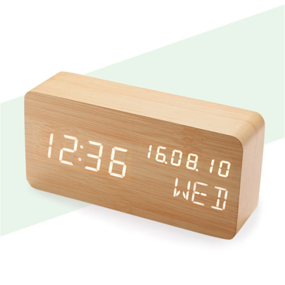 Alarm Clock LED Wooden Watch Table Voice Control Digital Wood Despertador Electronic Desktop Clocks With Temperature