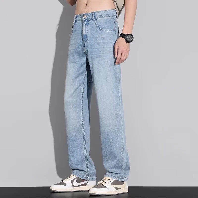

Men Summer Thin American Style Loose Versatile Ice Silk Casual Jeans Male Stretch Straight Leg Daily Vintage Blue Denim Trousers